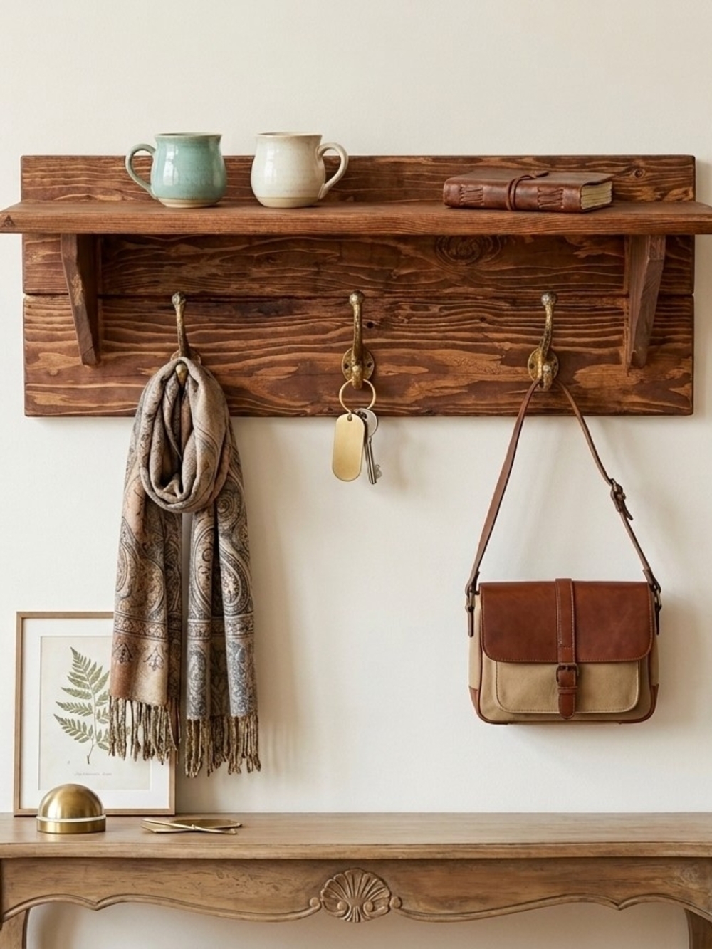 Rustic Reclaimed Wood Entryway Shelf with Hooks & Display Ledge